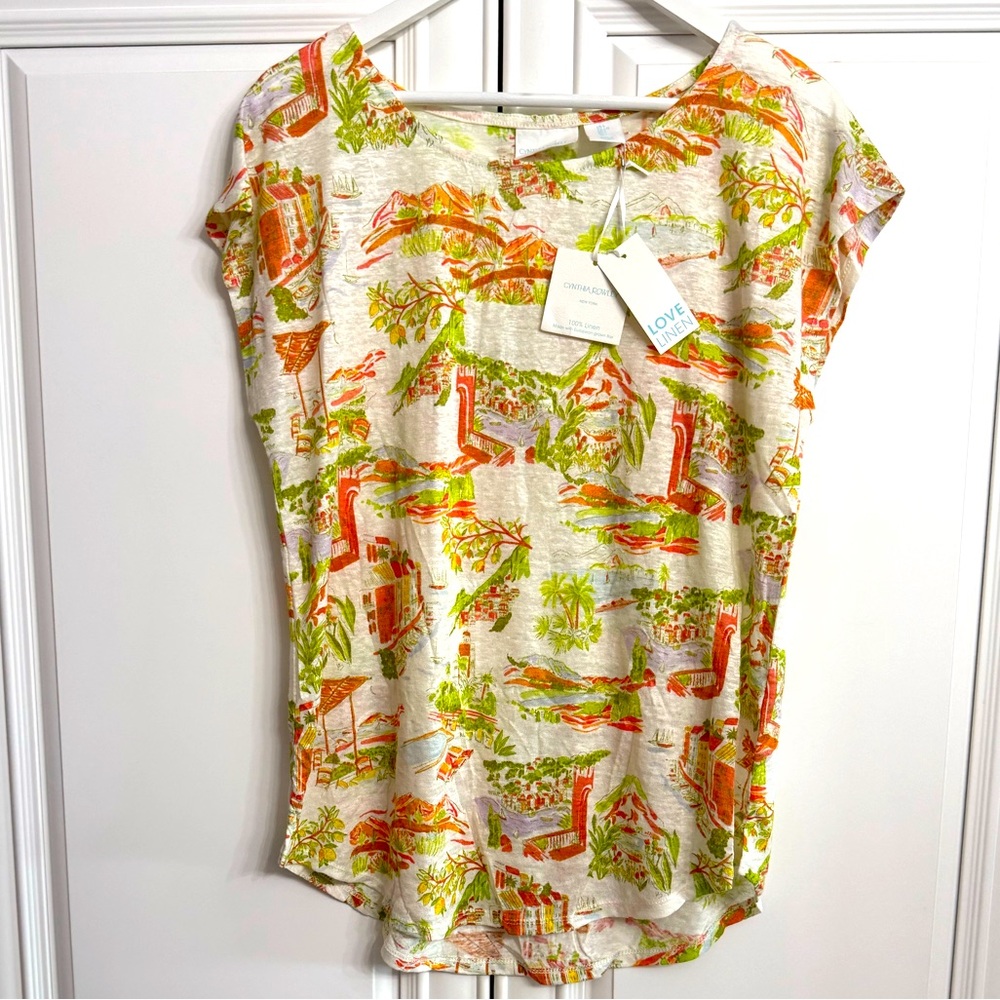 Cynthia Rowley Size Large Linen White with Orange-Green Print Cap Sleeve Tee